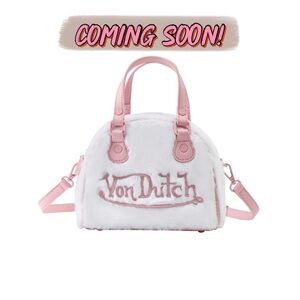 Von Dutch White Plush Mini Satchel with Pink Trim